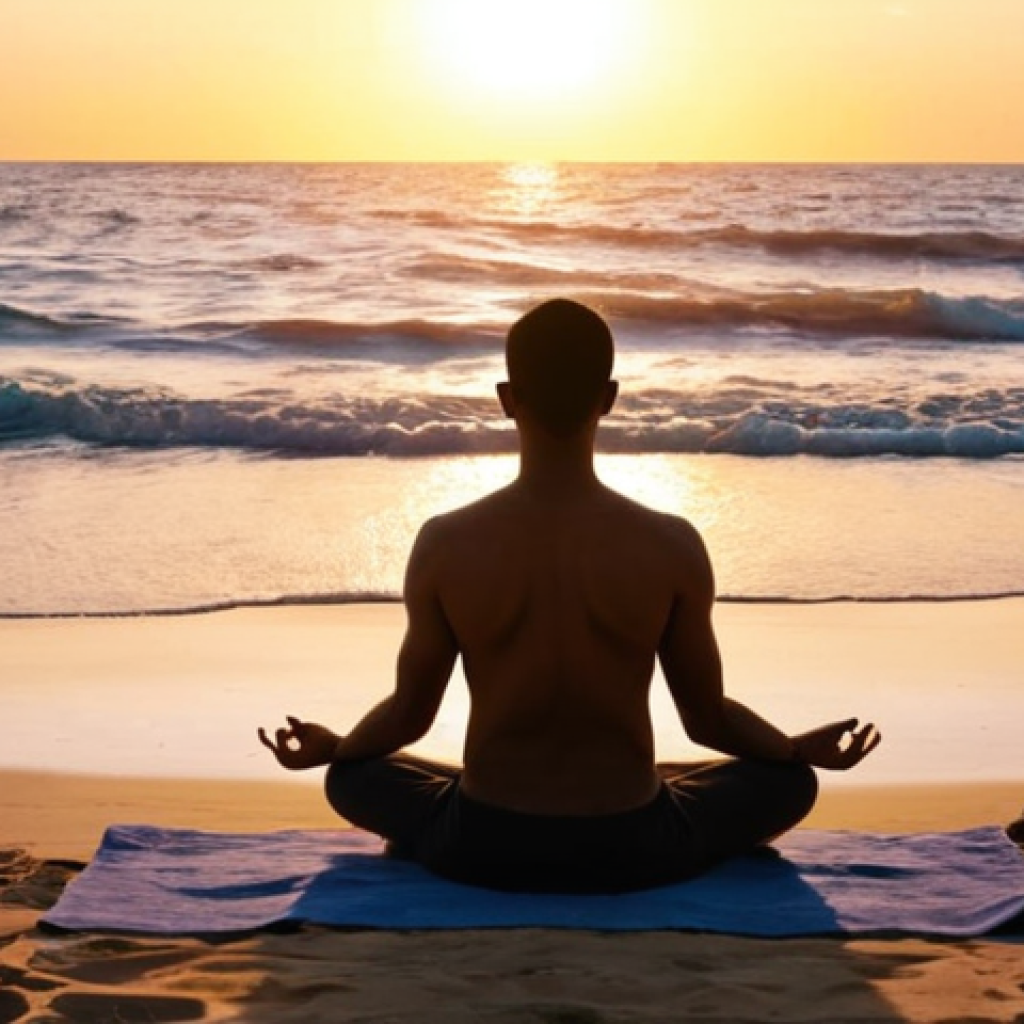 A person meditating in a serene mental sanctuary filled with tranquil imagery. Focus on peaceful colors and a sense of safety and calm, visualizing a beach at sunset.