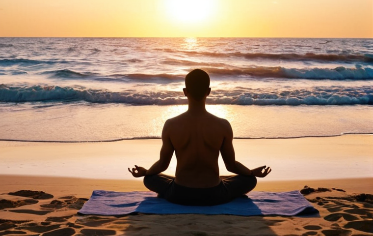 A person meditating in a serene mental sanctuary filled with tranquil imagery. Focus on peaceful colors and a sense of safety and calm, visualizing a beach at sunset.