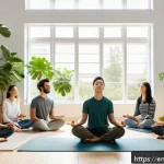 좌절 내성 강화를 위한 삶의 변화 - A diverse group of young adults practicing mindfulness meditation in a bright, modern living room, s...