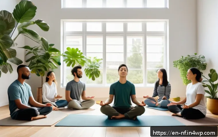 좌절 내성 강화를 위한 삶의 변화 - A diverse group of young adults practicing mindfulness meditation in a bright, modern living room, s...