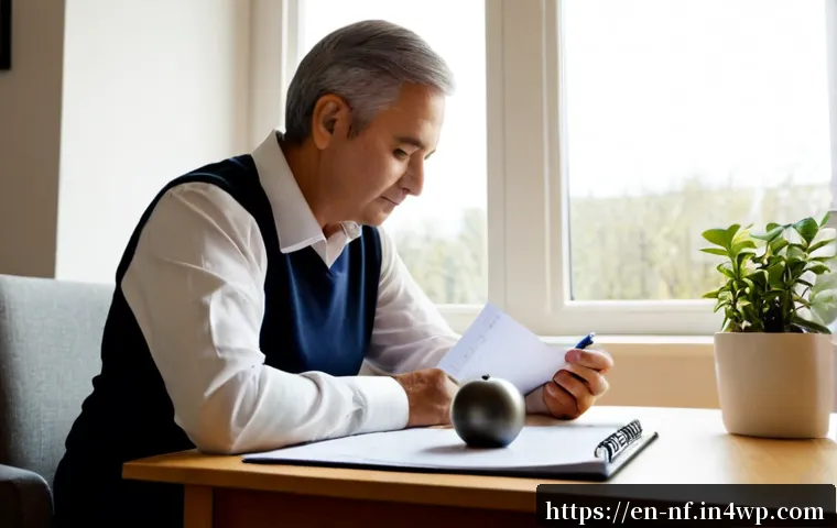 Home 15 좌절 내성 훈련의 지속적인 관리 방법 - Photorealistic home office scene of a middle-aged adult calmly reviewing a simple weekly progress ch...